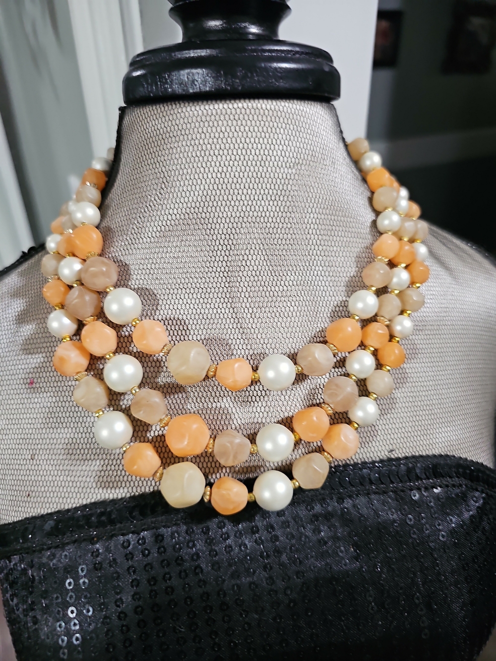 Multi-Strand Peach and Pearl Statement Necklace Fall Colors